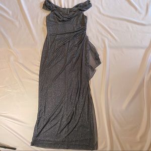 Formal Gown, Alex Evenings size 12, slate blue glitter wrap style off shoulder.